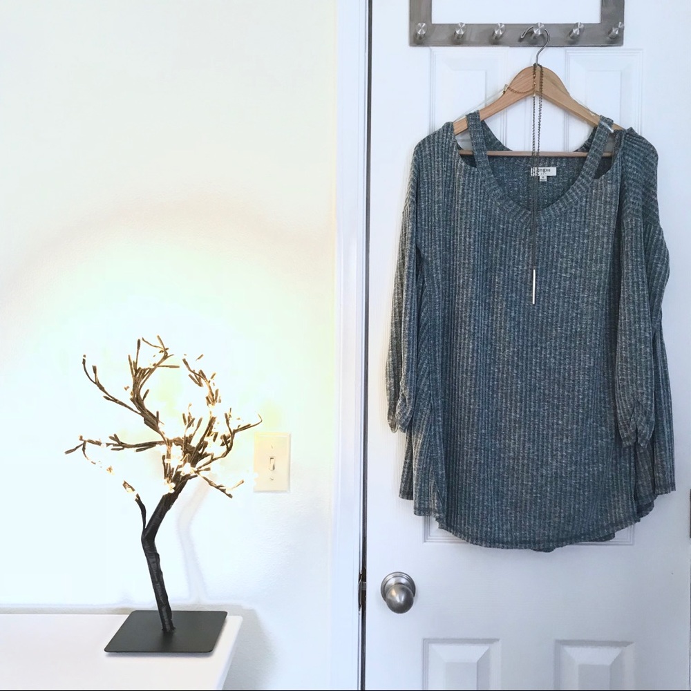Light blue heather cold shoulder sweater